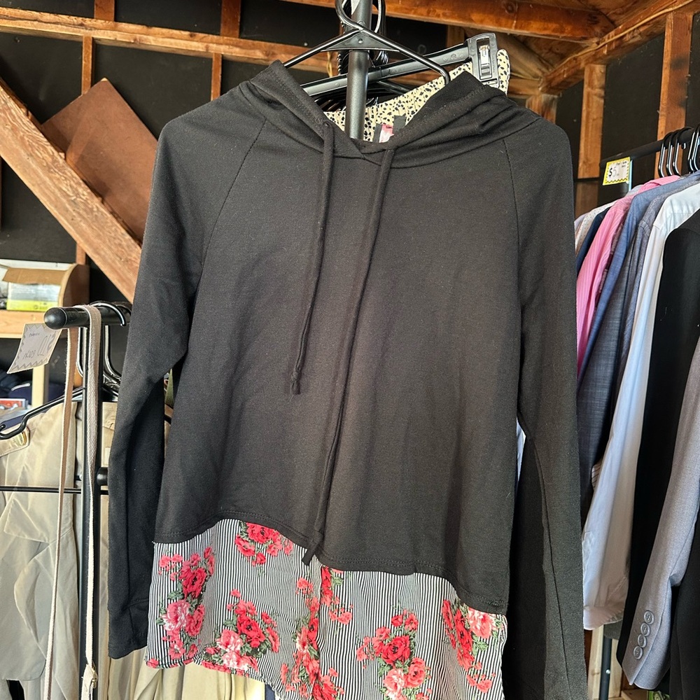 Poof! Black Hooded Top with Floral Hem